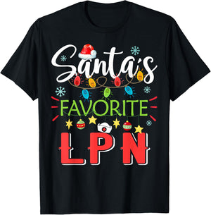 Santa's Favorite LPN Nurse Xmas Light Santa Hat Christmas T-Shirt - T-Shirt | Black