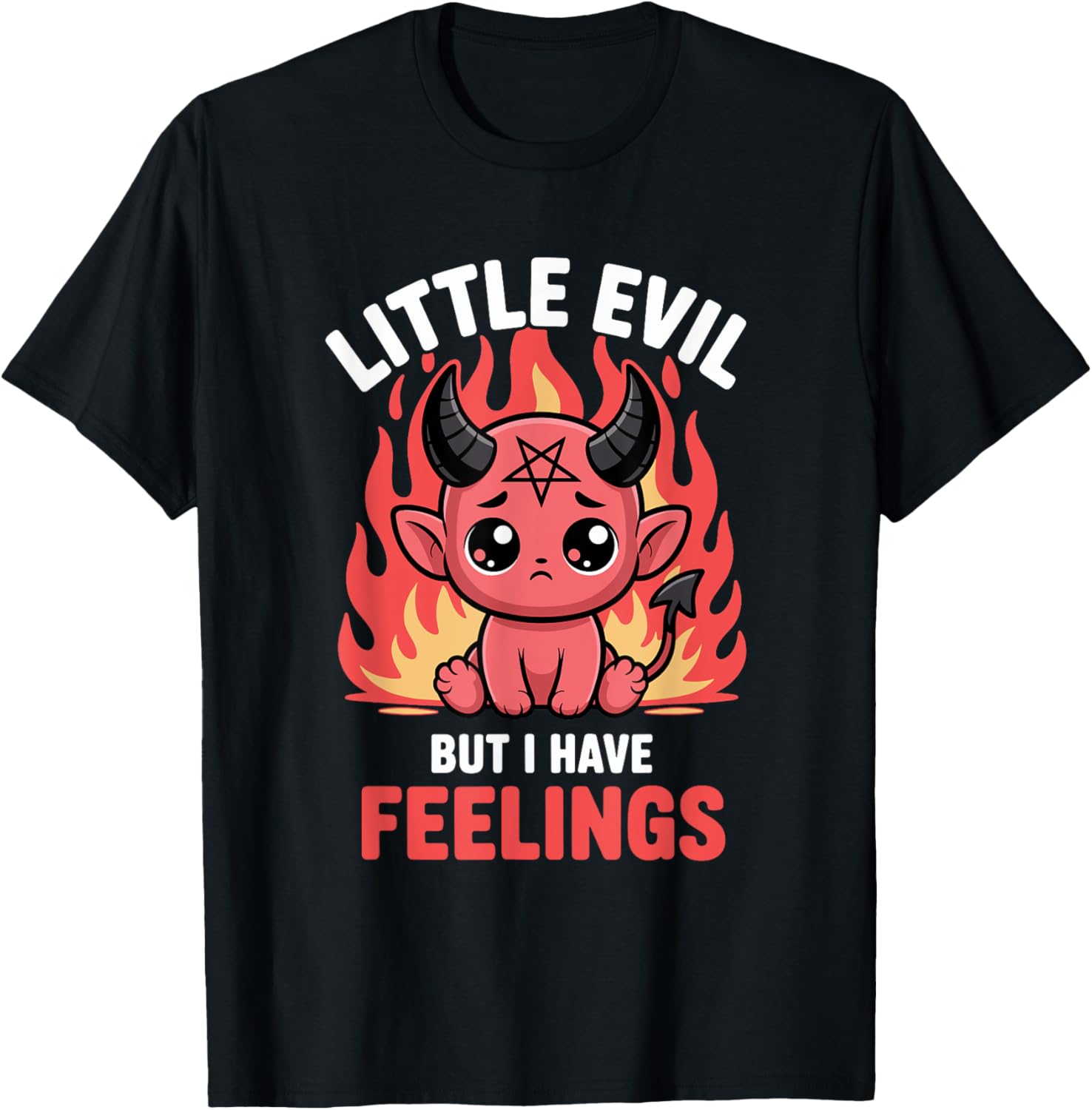 Cute Little Devil with Feelings Kawaii Fire Humor T-Shirt - T-Shirt | Black