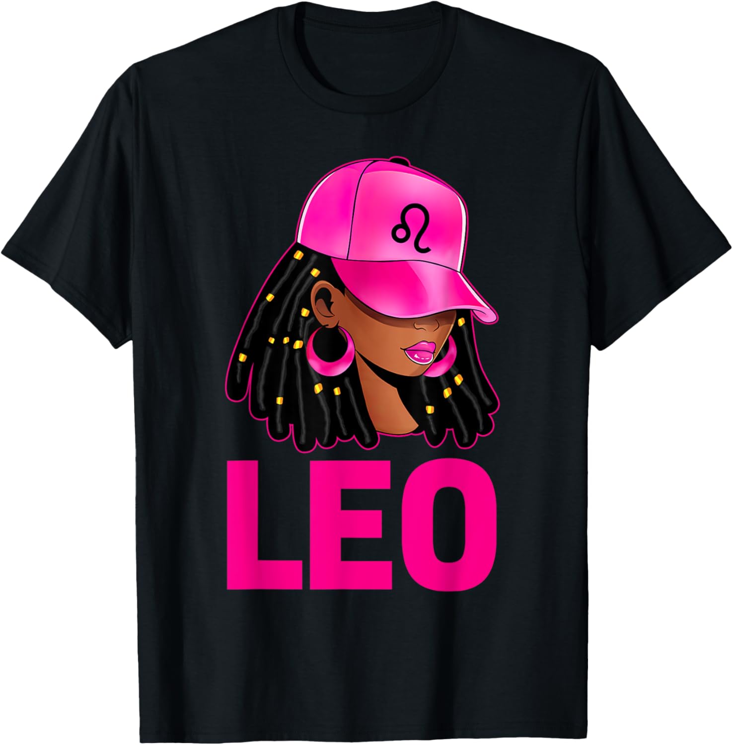 Leo Queen Loc'd Hair Black Woman Cap Zodiac Sign T-Shirt - T-Shirt | Black