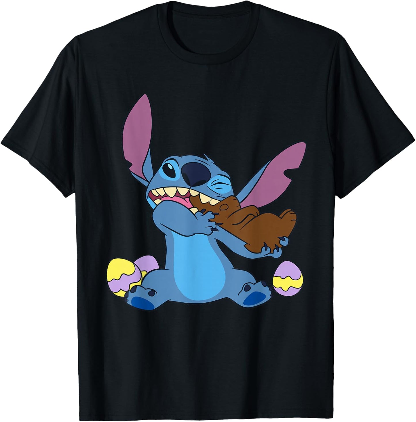 Disney Stitch Eats Chocolate Bunny with Easter Eggs Funny T-Shirt - T-Shirt | Black
