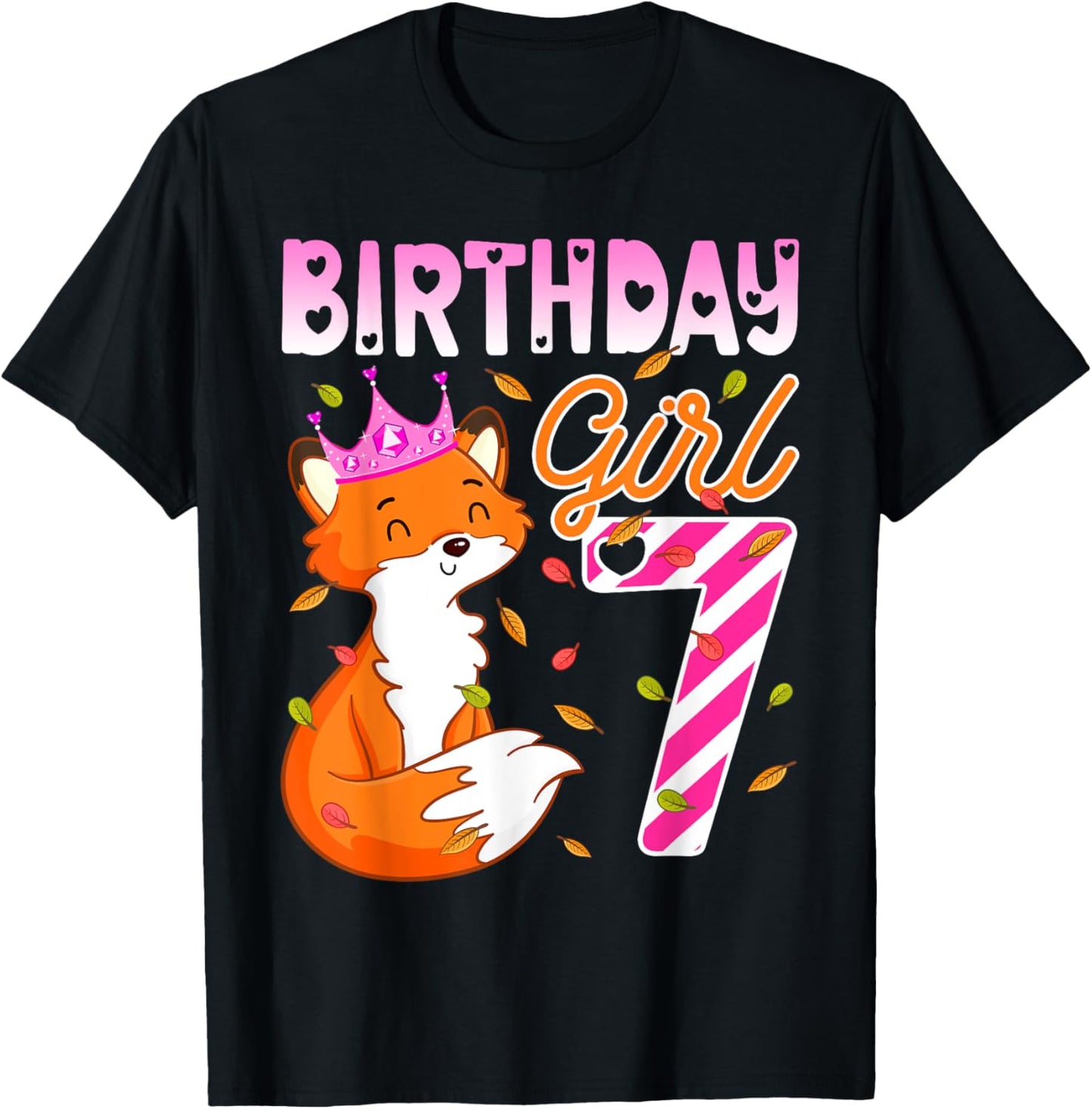 Fox Animal Lovers 7th Birthday Girl Fox B-day 7 year old T-Shirt - T-Shirt | Black