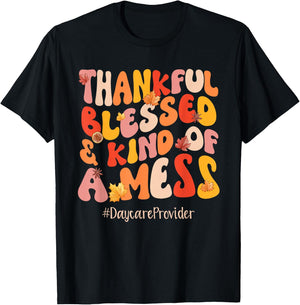 Thankful Blessed Daycare Provider Fall Vibes Thanksgiving T-Shirt - T-Shirt | Black