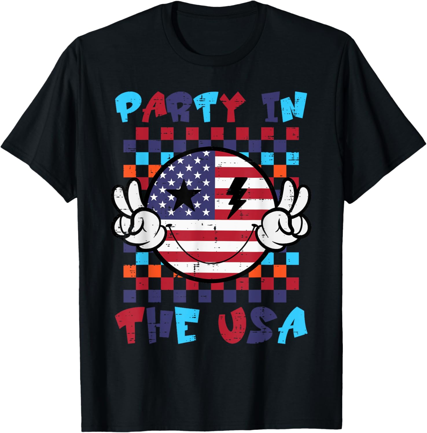 4th July Smile Peace Party USA Retro Patriot Men Women Kids T-Shirt - T-Shirt | Black