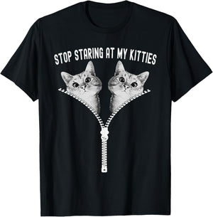 Cat Lovers Stop Staring At My Kitties Adult Cute Funny Cat T-Shirt - T-Shirt | Black