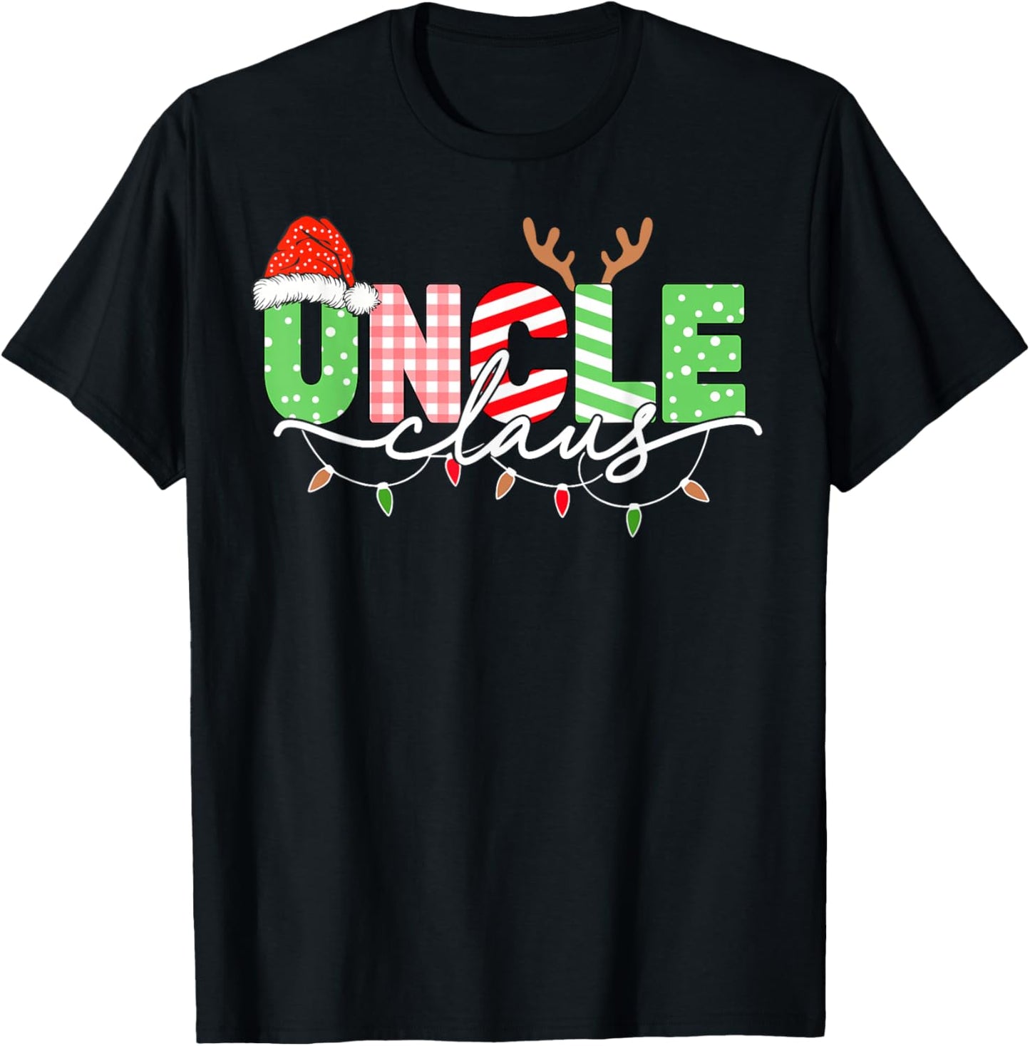 Uncle Claus Christmas Lights Santa Hat Family Matching T-Shirt - T-Shirt | Black