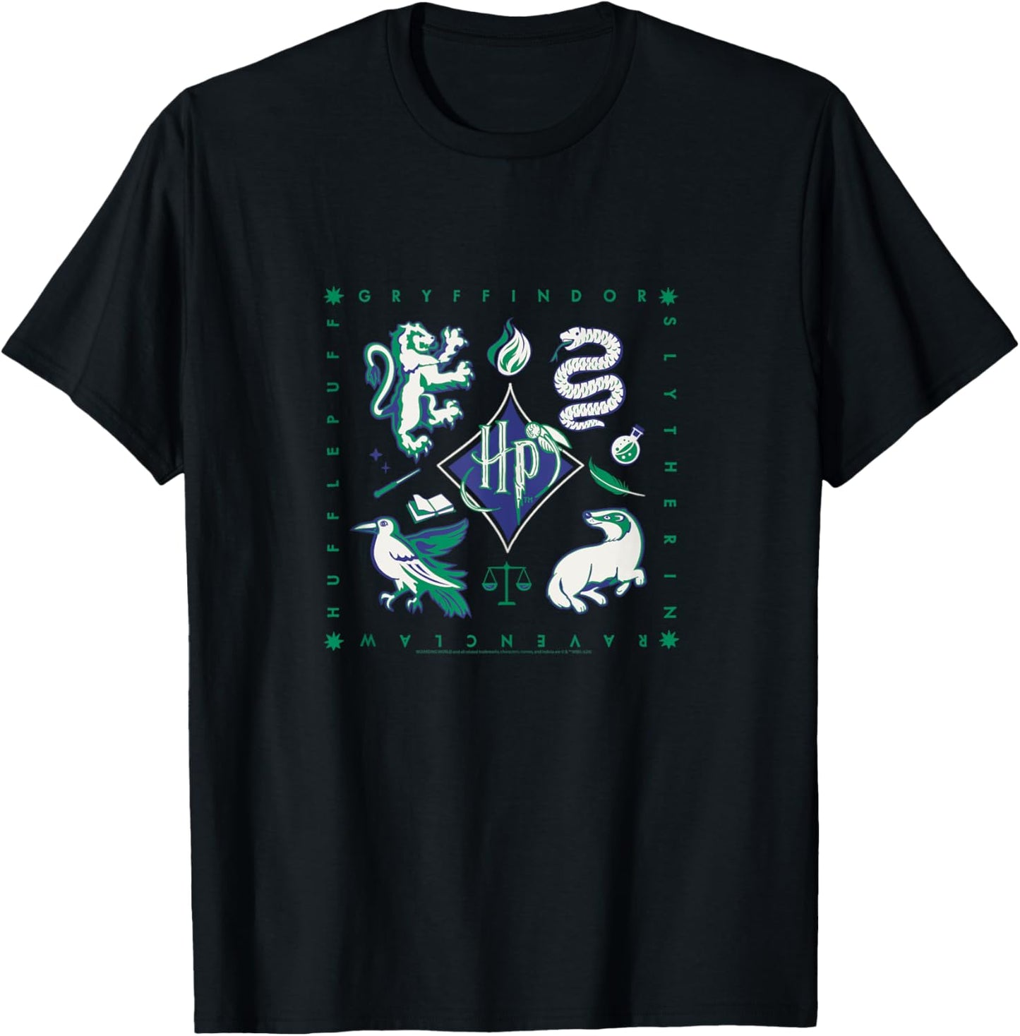 Amazon Essentials Harry Potter Hogwarts Houses Square T-Shirt - T-Shirt | Black
