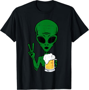 Area-51 Alien Beer Peace Sign Lazy Drinking Halloween Gift T-Shirt - T-Shirt | Black