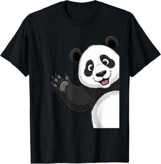 Kawaii Panda Waving Hand Cute Smiling Panda T-Shirt - T-Shirt | Black