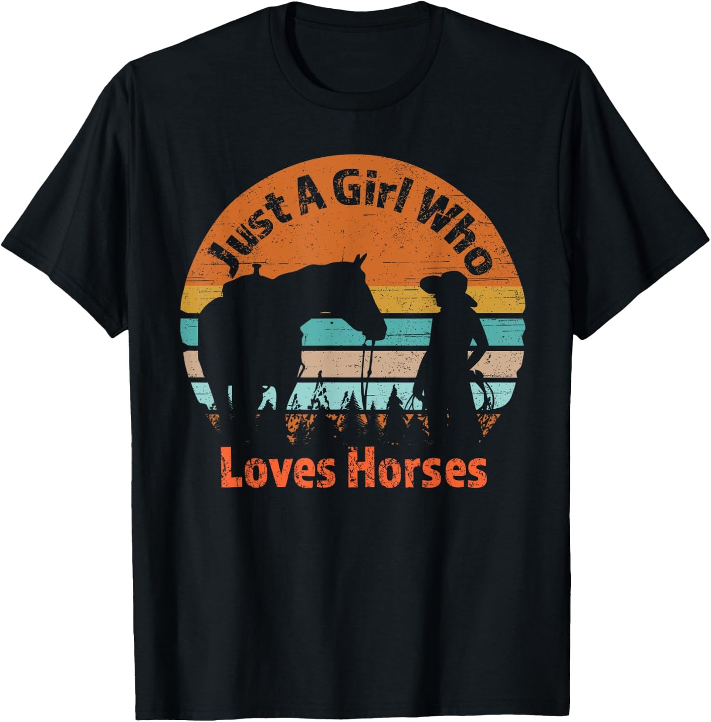 Just A Girl Who Loves Her Horse Retro Sunset Silhouette Gift T-Shirt - T-Shirt | Black