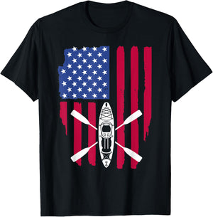 Cool Kayaking Women Kayak Fishing USA American Flag T-Shirt - T-Shirt | Black