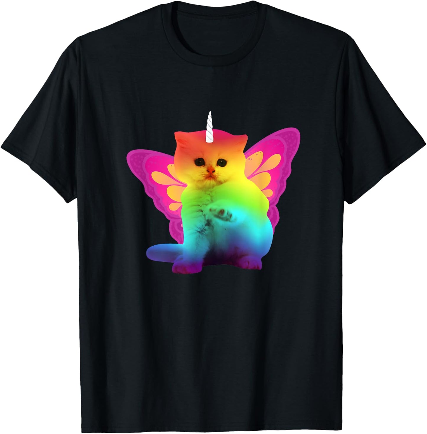 Unicorn Cat With Rainbow Butterfly Wings Men Women Girls Kids T-Shirt - T-Shirt | Black