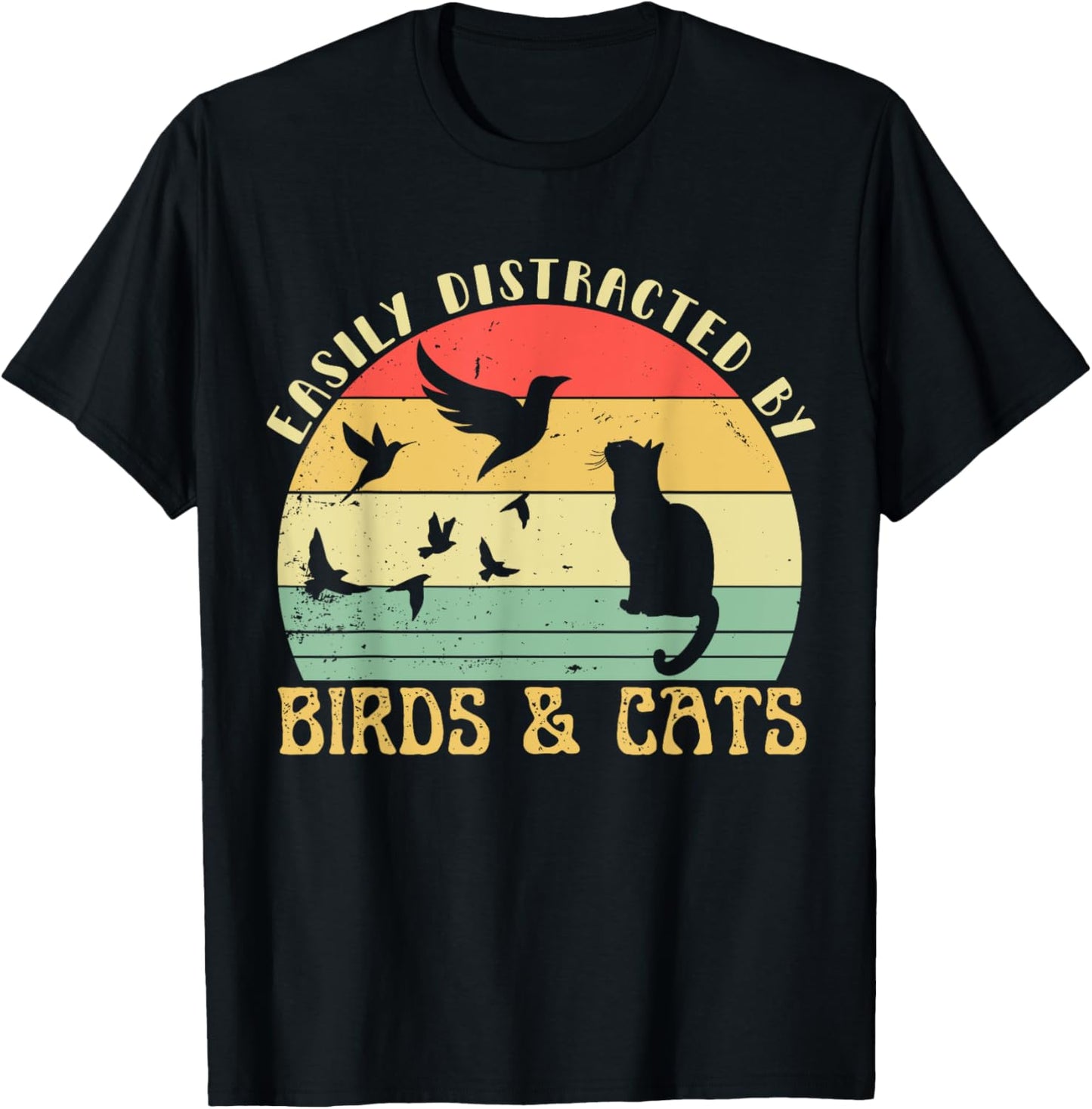 Retro Pet Cat Birds Lover Easily Distracted By Birds & Cats Women Girls Kids T-Shirt - T-Shirt | Black