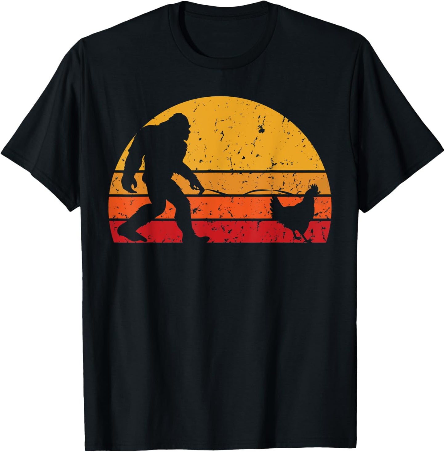 Vintage Sunset Bigfoot Walking Chicken Funny T-Shirt - T-Shirt | Black