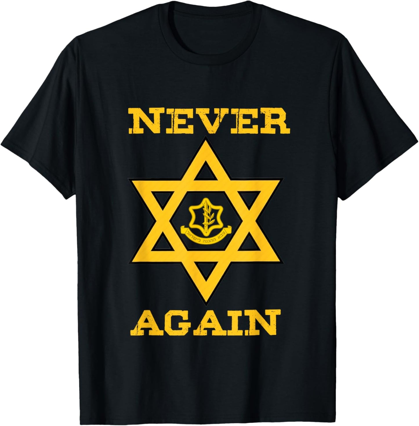 Never Again Support Israel Jewish Star Of David Idf Logo T-Shirt - T-Shirt | Black