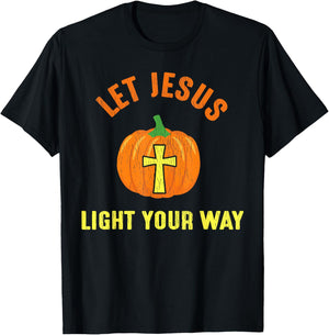 Let Jesus Light Your Way Pumpkin Thanksgiving Christian T-Shirt - T-Shirt | Black