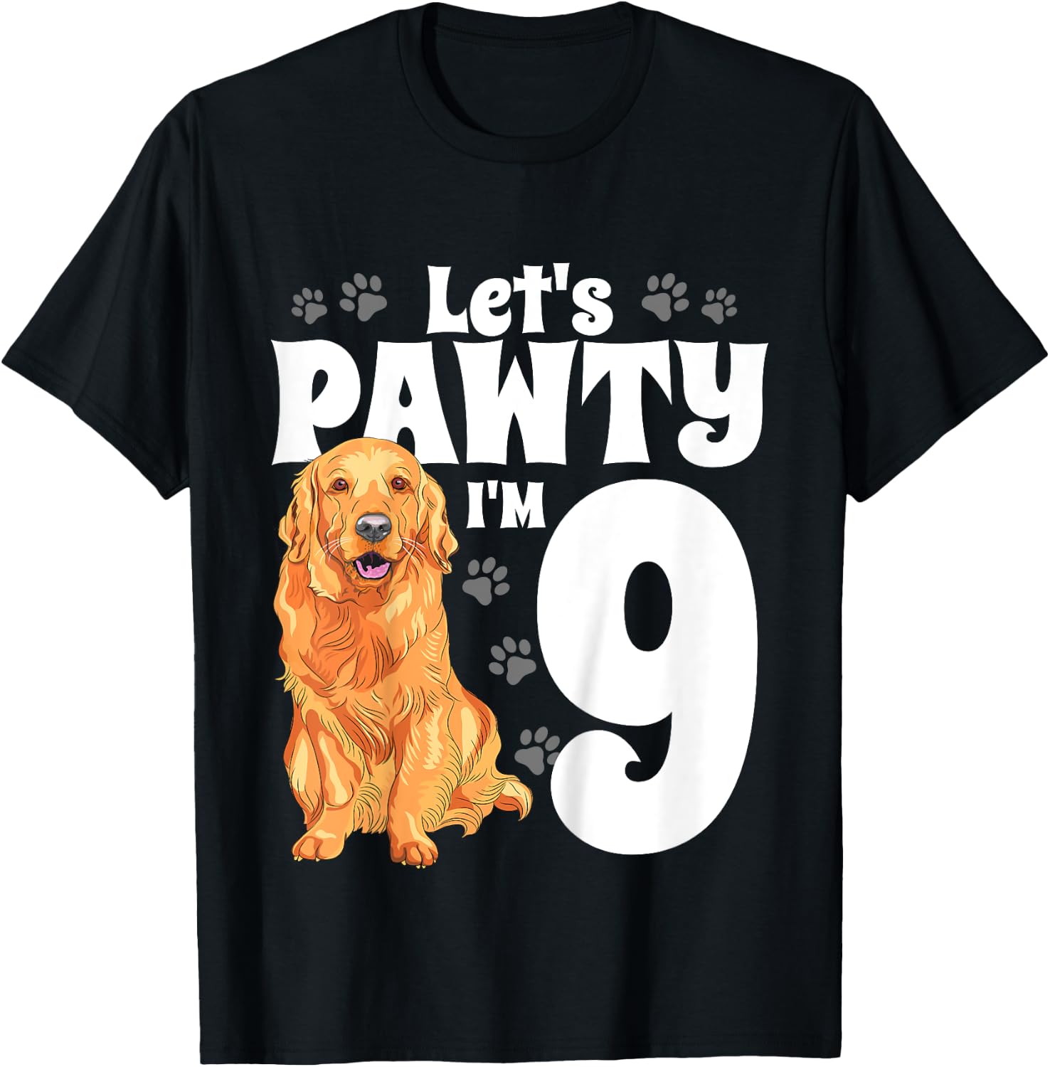 9 Year Old Golden Retriever Dog Birthday Pawty Dogs 9th Gift T-Shirt - T-Shirt | Black