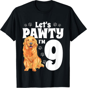 9 Year Old Golden Retriever Dog Birthday Pawty Dogs 9th Gift T-Shirt - T-Shirt | Black