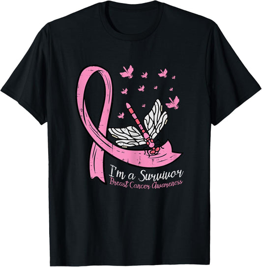 Breast Cancer Ribbon Dragonfly Im Survivor Awareness Women T-Shirt - T-Shirt | Black