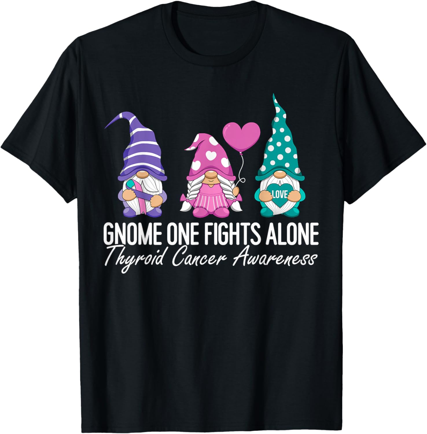 Thyroid Cancer Awareness Ribbon Gnomes Support Squad Family T-Shirt - T-Shirt | Black