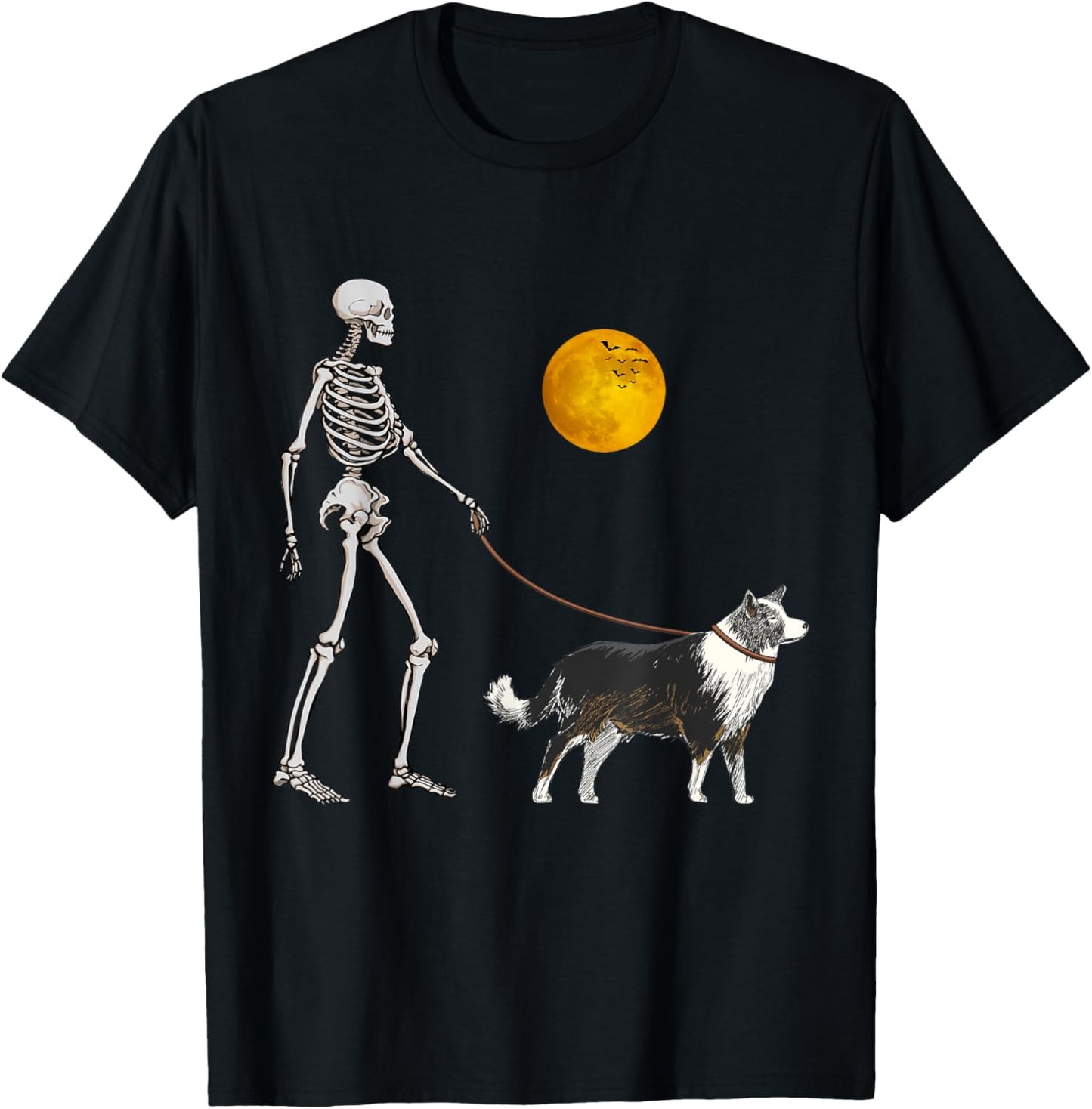 Border Collie Skeleton Dog Walking Halloween Costume Women Girls Kids T-Shirt - T-Shirt | Black