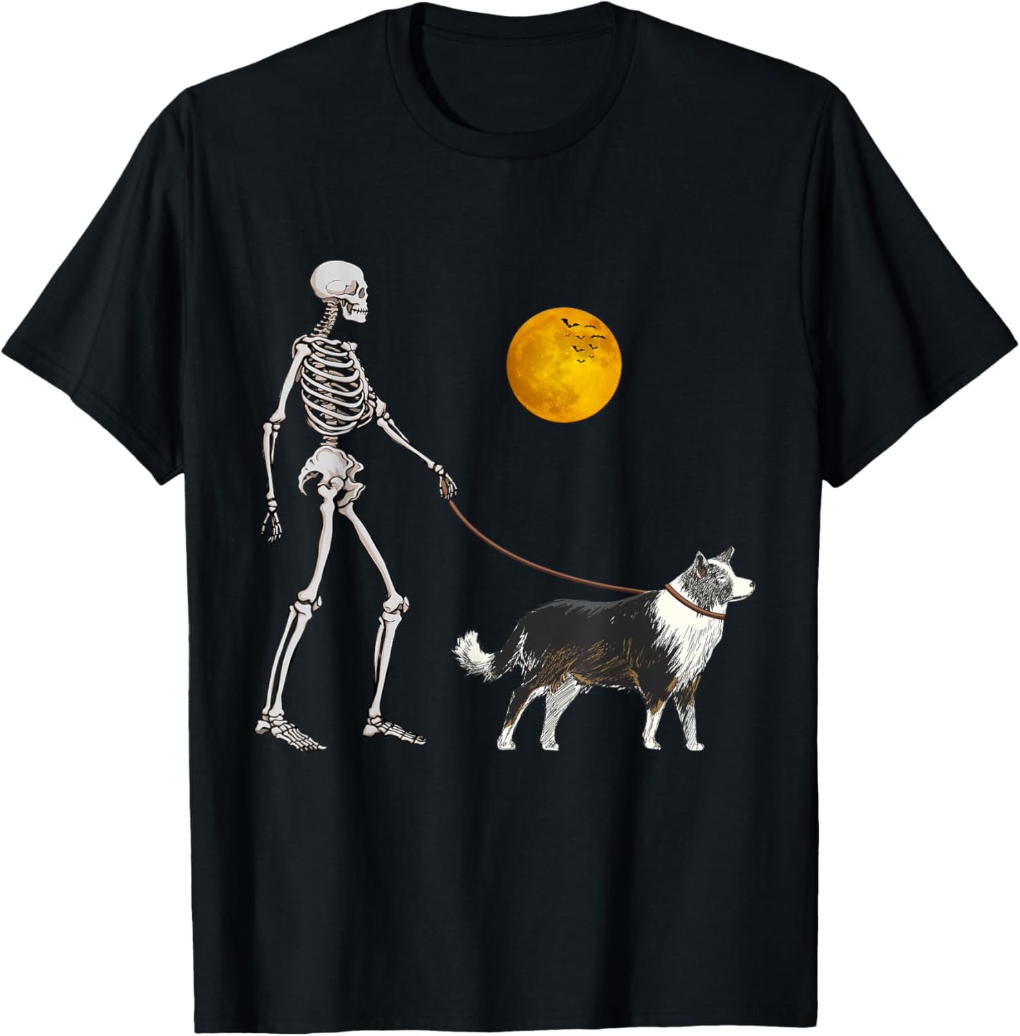 Border Collie Skeleton Dog Walking Halloween Costume Women Girls Kids T-Shirt - T-Shirt | Black