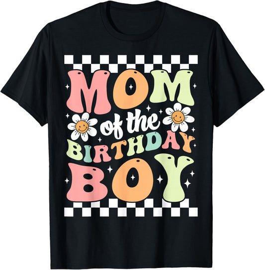 Mom of The Birthday Boy Cute Family Groovy Birthday Party T-Shirt - T-Shirt | Black