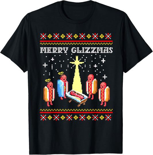 Funny Merry Glizzmas Hot Dogs Family Group Ugly Christmas T-Shirt - T-Shirt | Black
