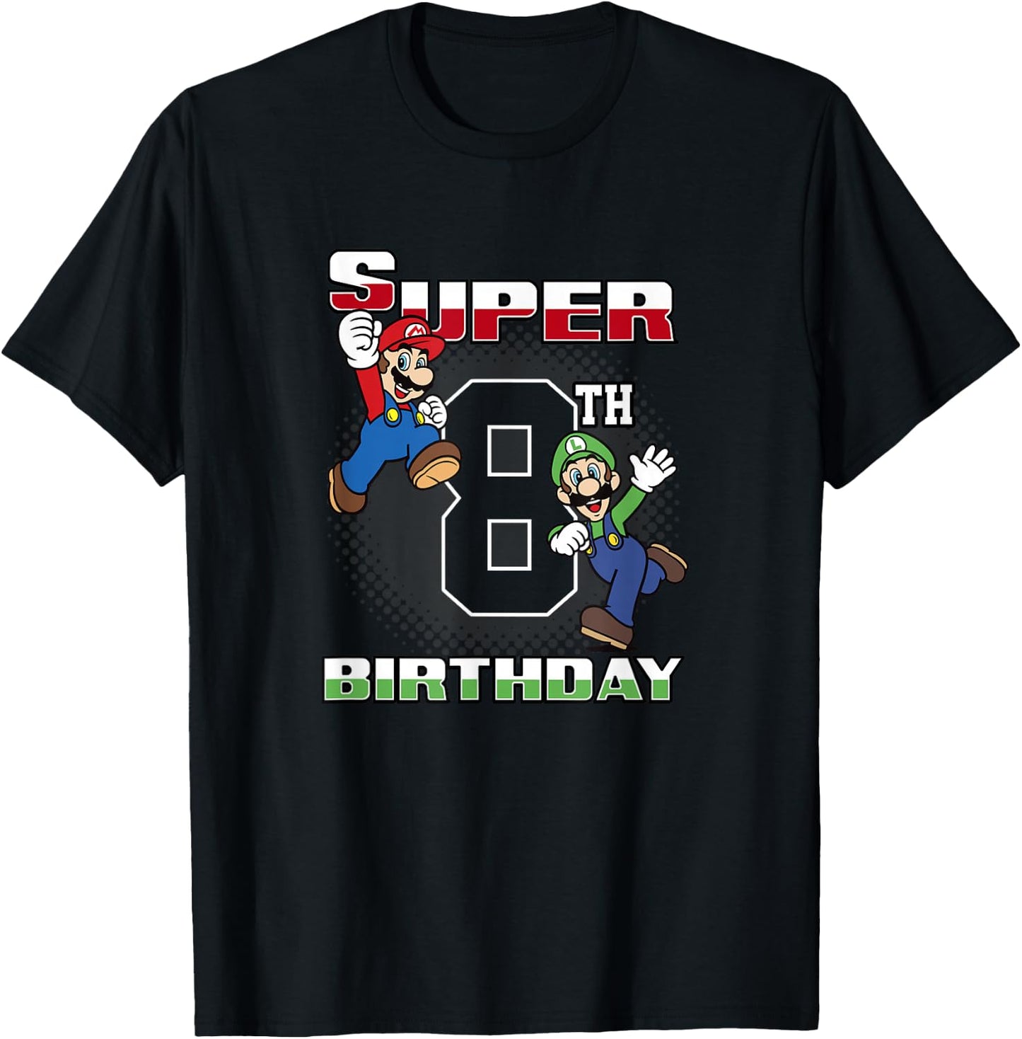 Super Mario Bros Mario & Luigi Super 8th Birthday T-Shirt - T-Shirt | Black