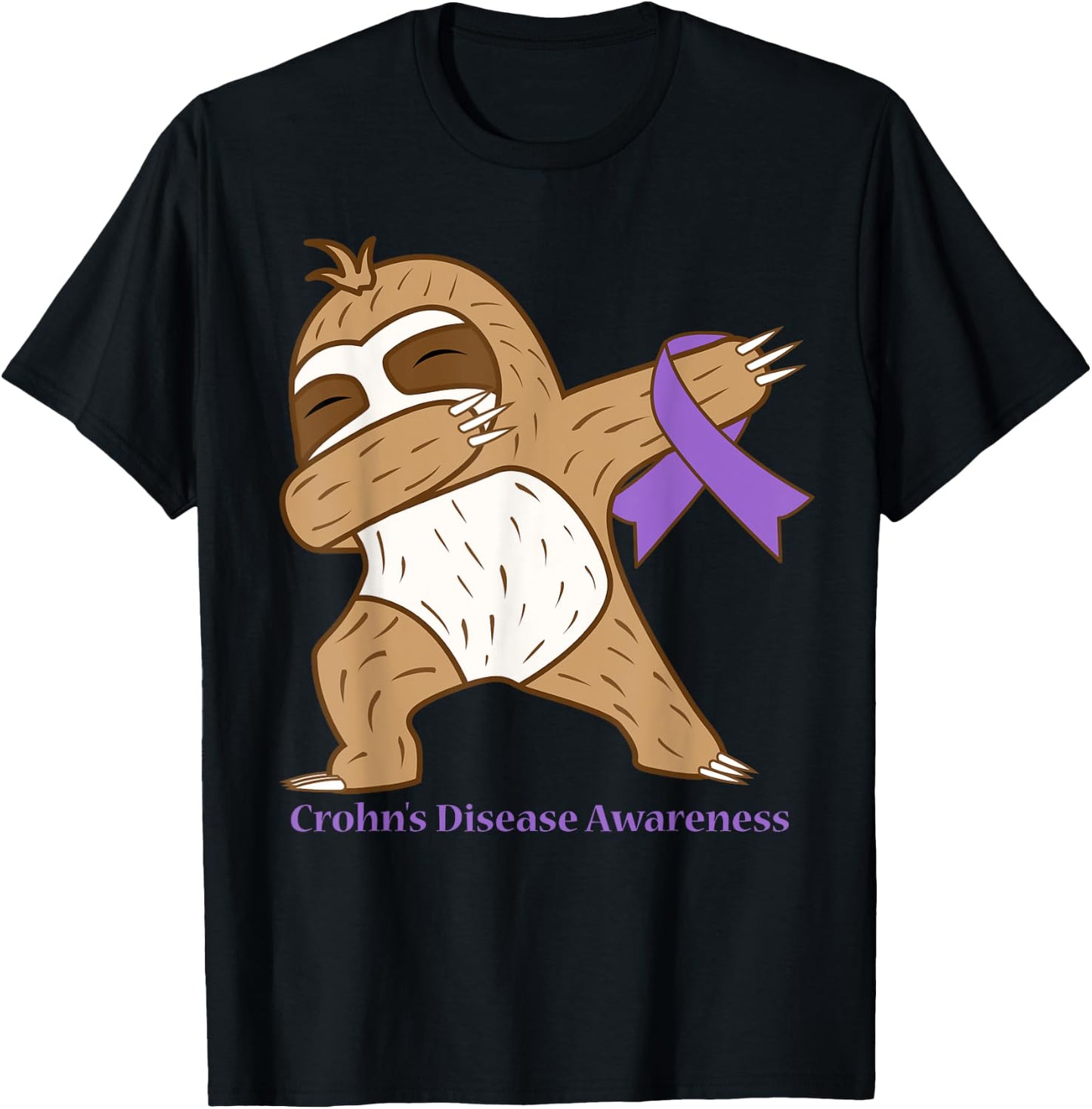 Crohn's Disease Awareness Ribbon Dabbing Sloth Warrior Gift T-Shirt - T-Shirt | Black