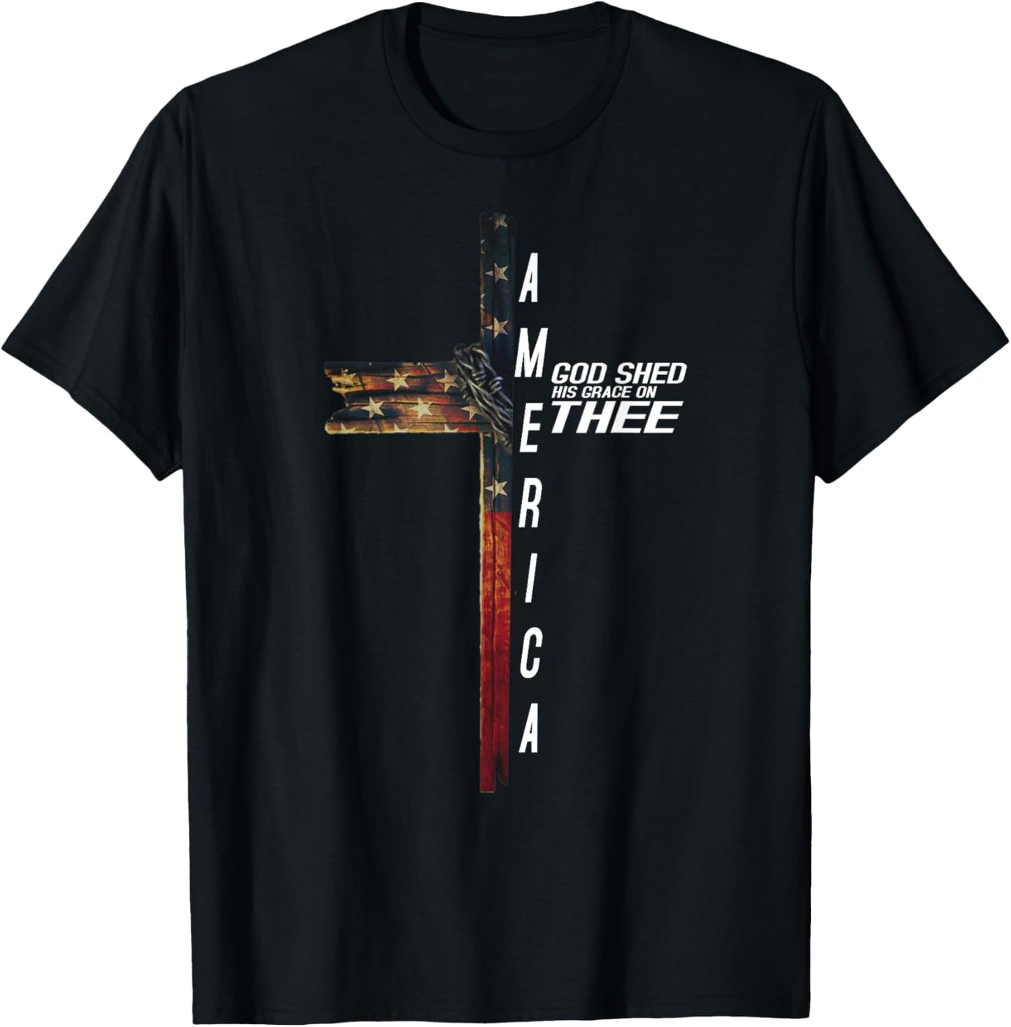 Cross With Flag USA America God Shed His Grace on Thee T-Shirt - T-Shirt | Black