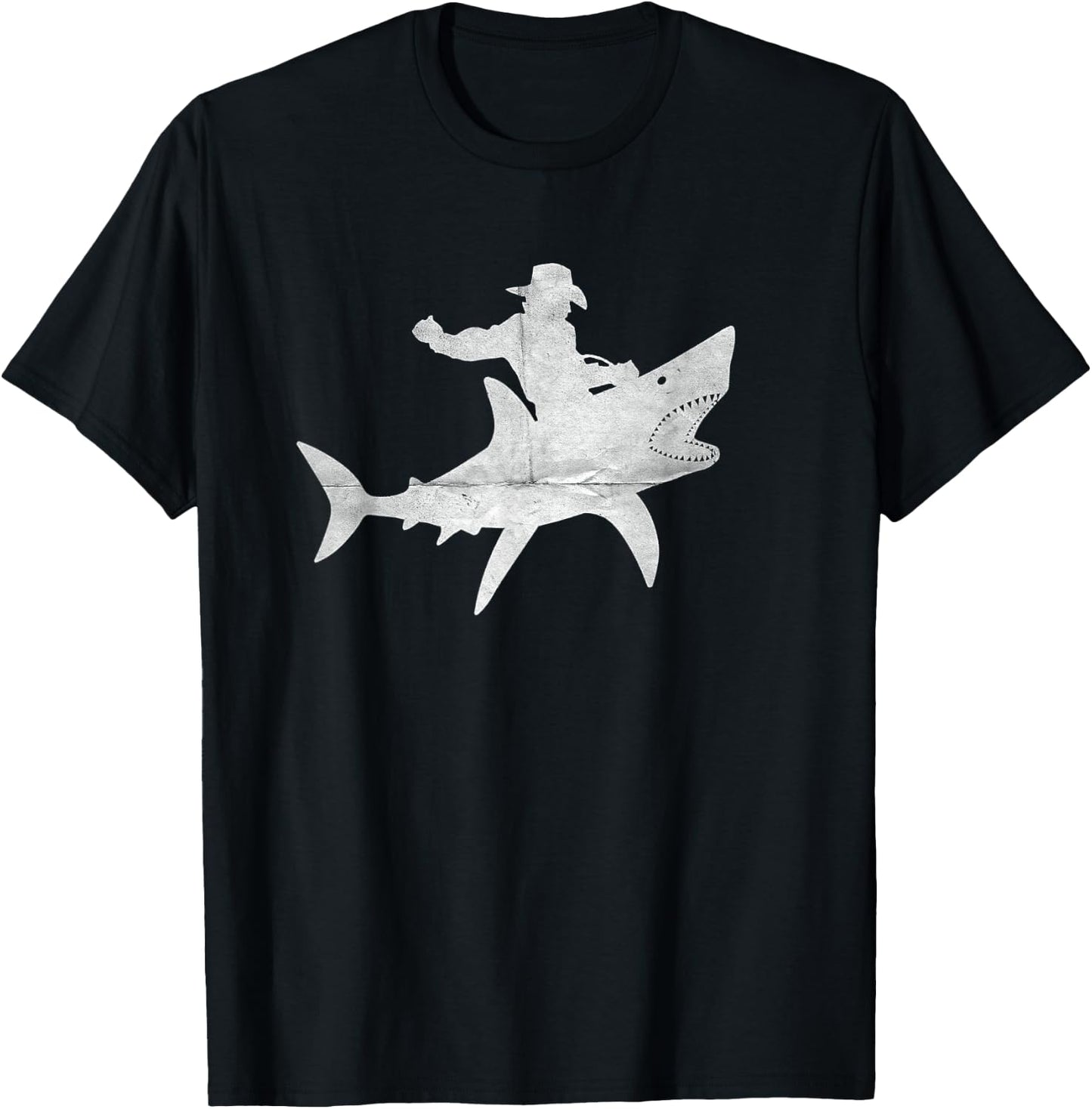 Cowboy Riding a Shark Distressed T-Shirt - T-Shirt | Black