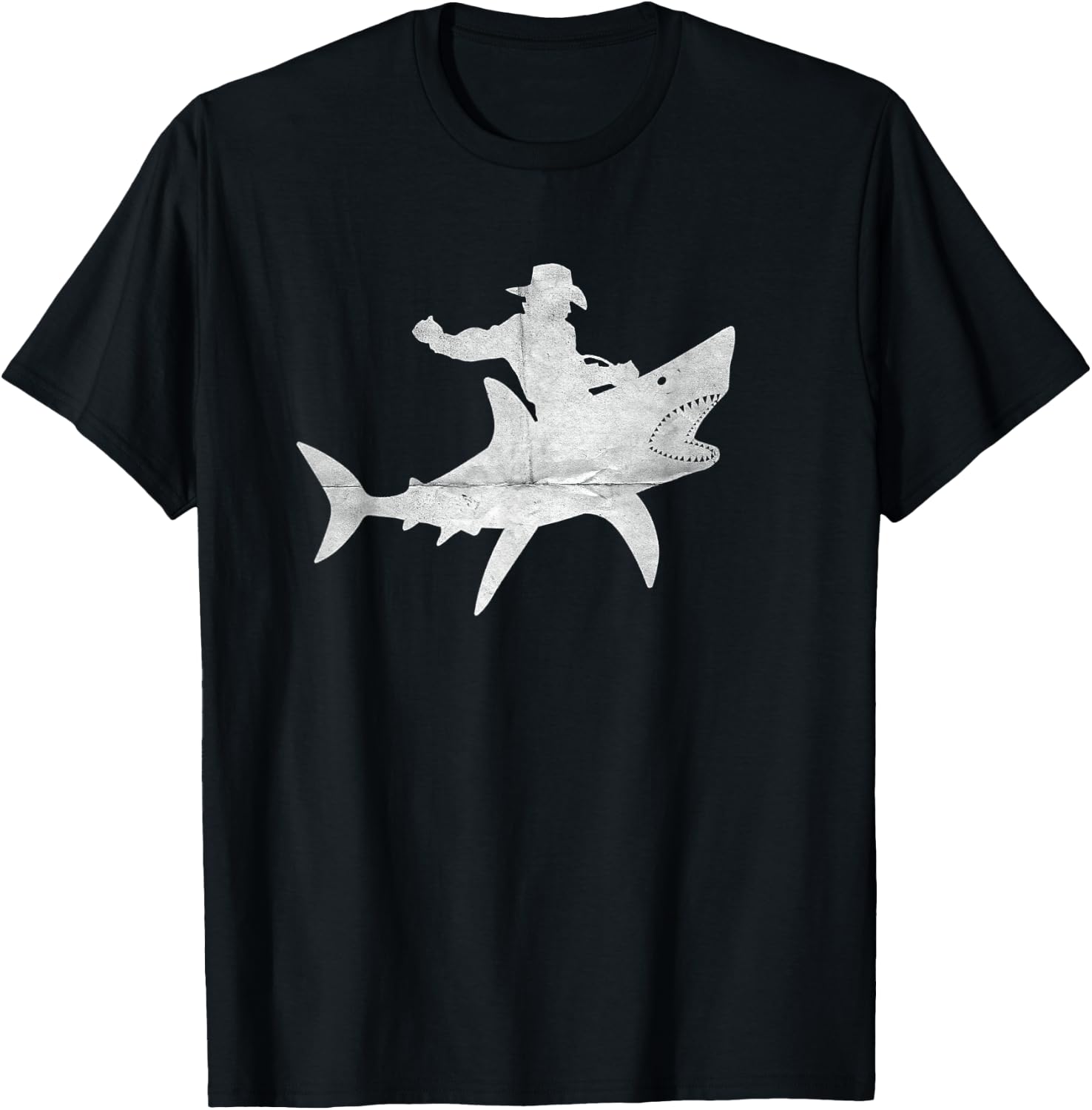Cowboy Riding a Shark Distressed T-Shirt - T-Shirt | Black