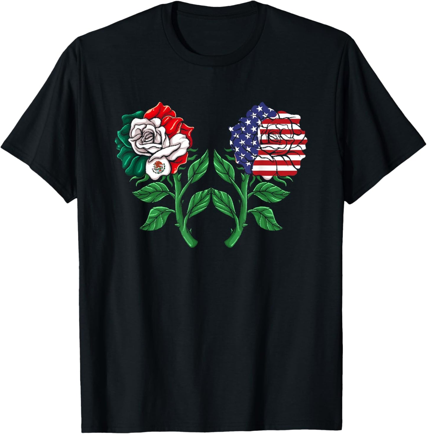 Mexico US Flag Mexican Flag American Flag Rose T-Shirt - T-Shirt | Black