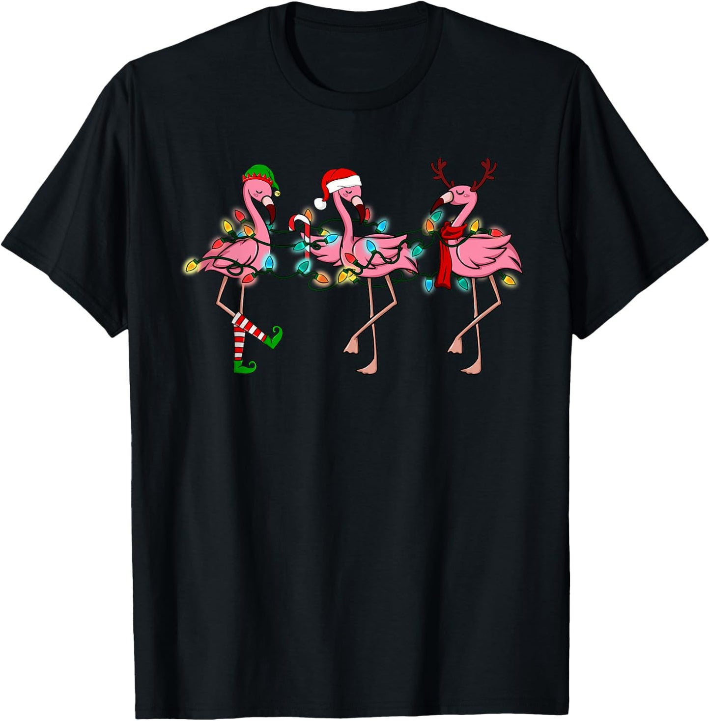 Christmas Lights Pink Flamingo Santa Hat Holiday Xmas T-Shirt - T-Shirt | Black