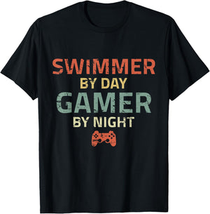 Swimmer By Day Gamer By Night Swimming Funny Swim Gaming T-Shirt - T-Shirt | Black