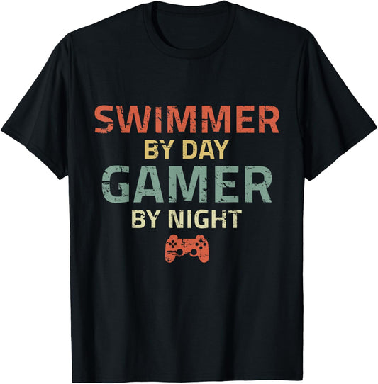 Swimmer By Day Gamer By Night Swimming Funny Swim Gaming T-Shirt - T-Shirt | Black