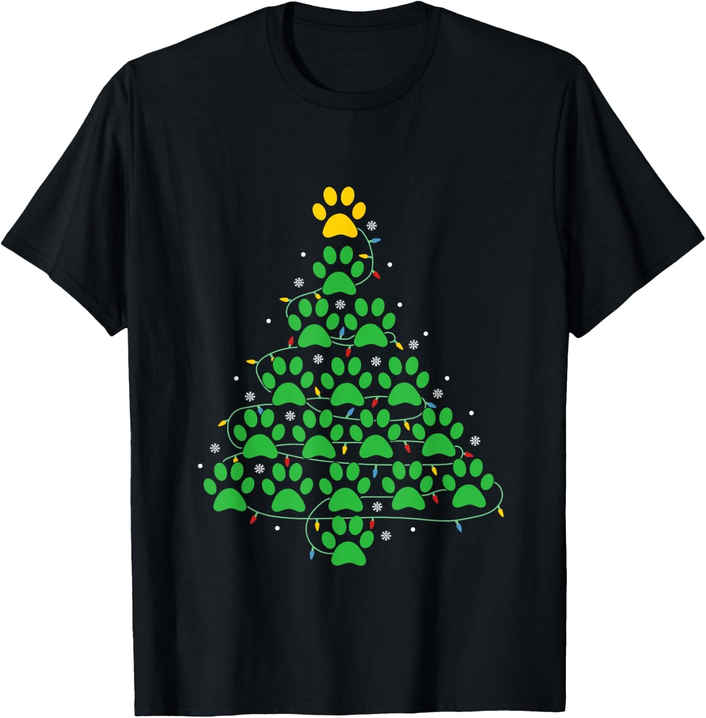 Dog Paw Christmas Design Lr -Adult Dog Paws Print Christmas Tree Lights Dog Lover T-Shirt - T-Shirt | Black