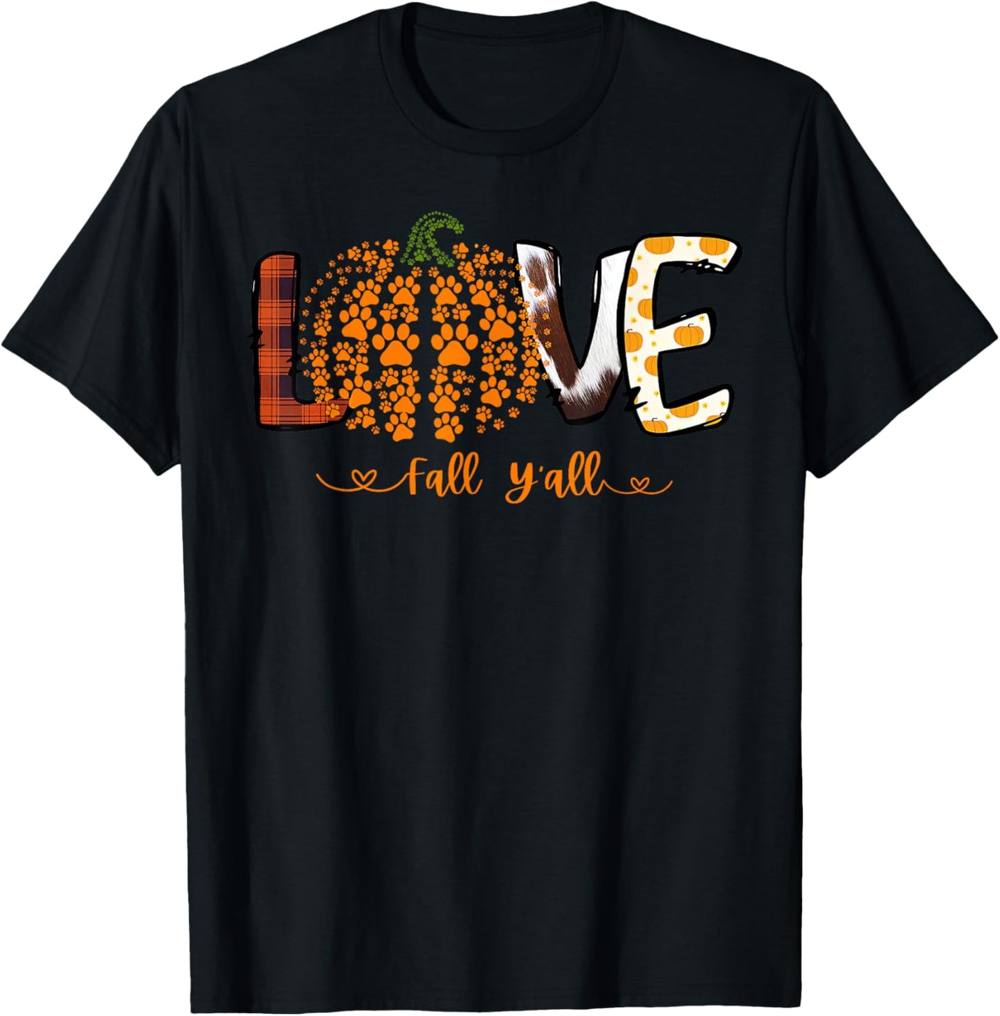 Love Fall Y'all Pumpkin Dog Paw Print Autumn Falling Women Kids T-Shirt - T-Shirt | Black