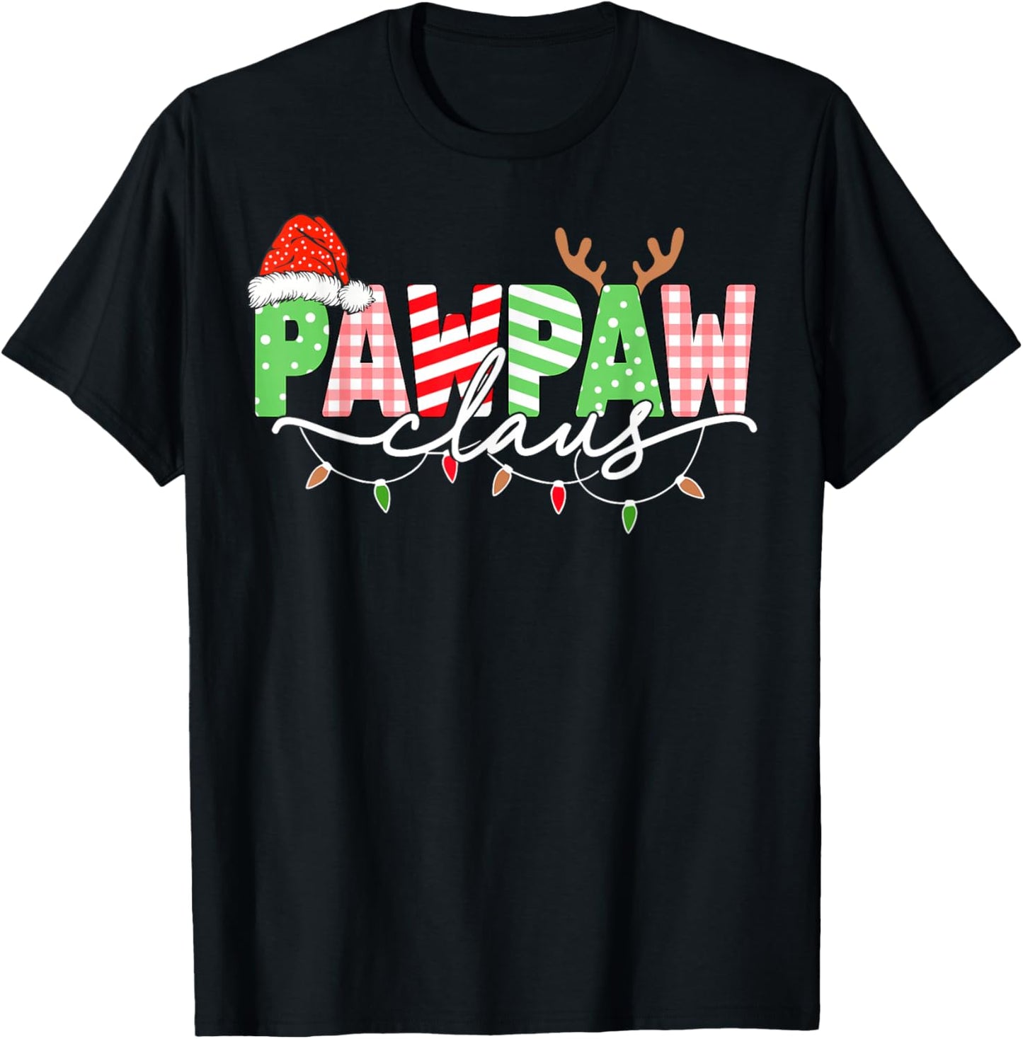 Pawpaw Claus Christmas Lights Santa Hat Family Matching T-Shirt - T-Shirt | Black