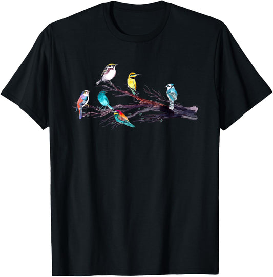 Bird Watching Birder Bird Lover Birds Perched On Tree Branch T-Shirt - T-Shirt | Black