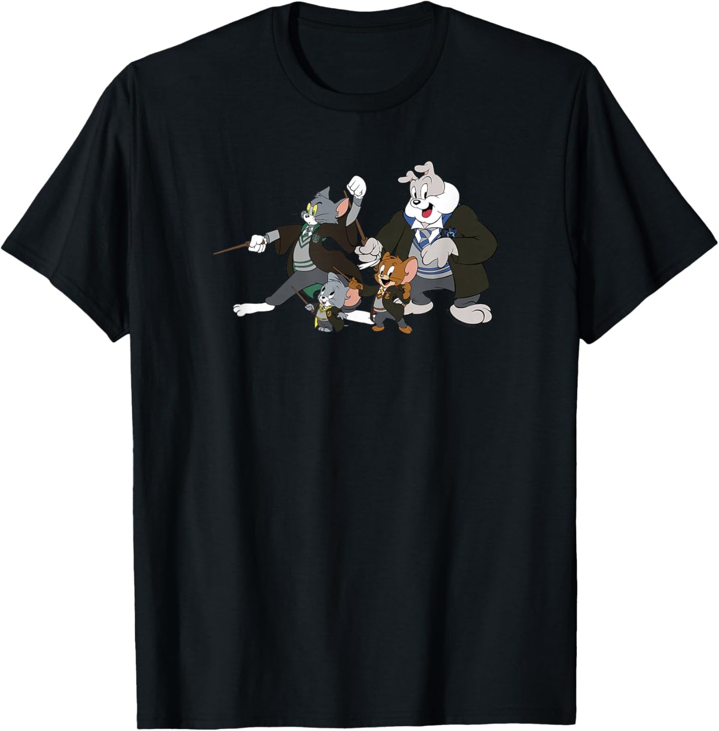 WB100 Tom and Jerry Cast With Hogwarts Uniforms Group Shot T-Shirt - T-Shirt | Black