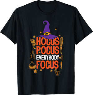 Witchy Halloween Hocus Pocus Everybody Focus Teacher Pumpkin T-Shirt - T-Shirt | Black