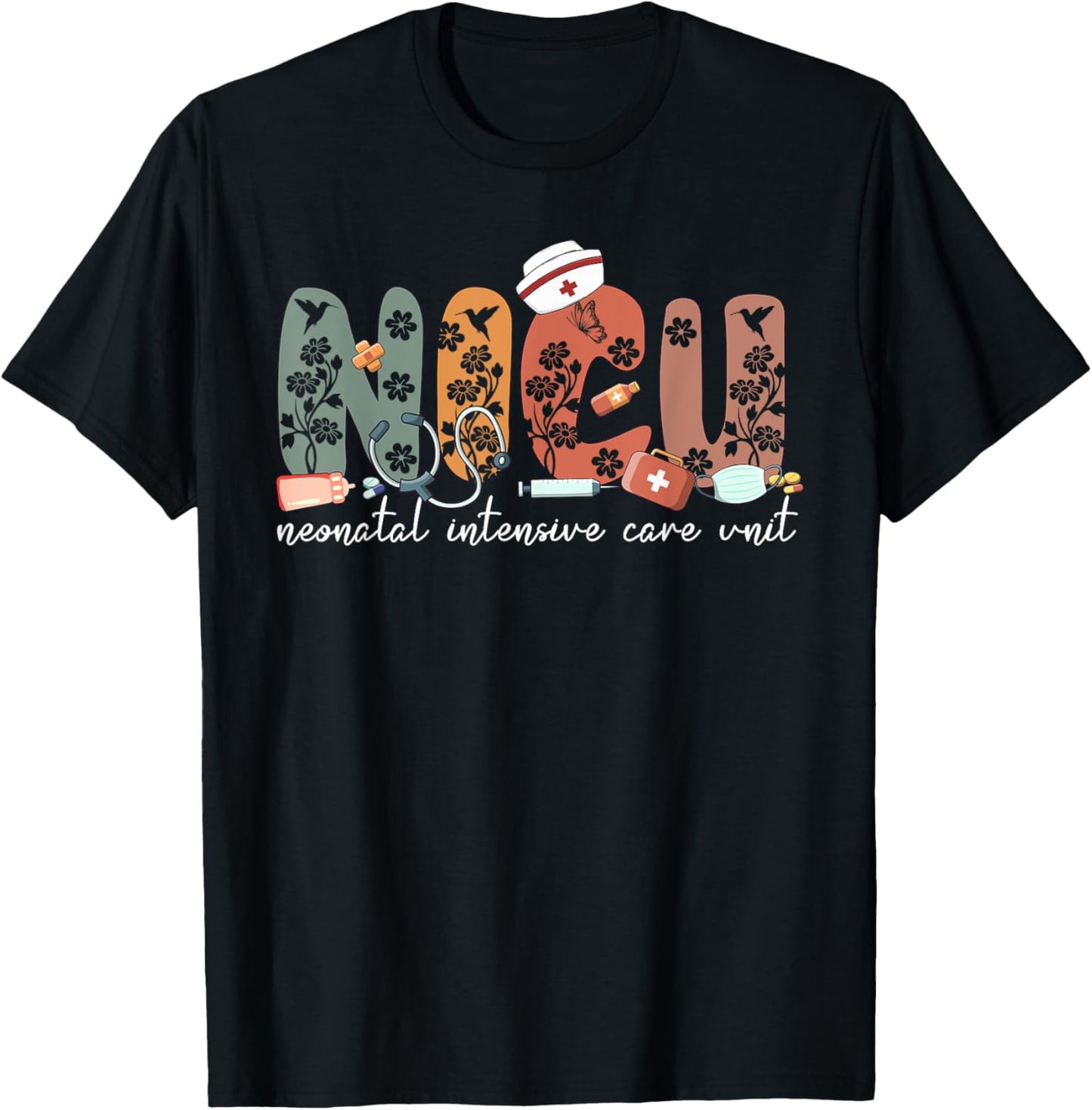 Floral NICU Nurse Neonatal Itensive Care Unit Nursing T-Shirt - T-Shirt | Black