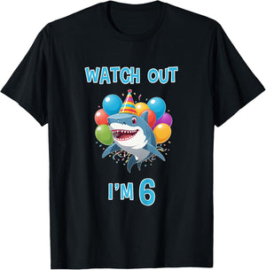 6th Birthday Shirt Funny Shark Watch Out I'm 6 Years Old T-Shirt - T-Shirt | Black