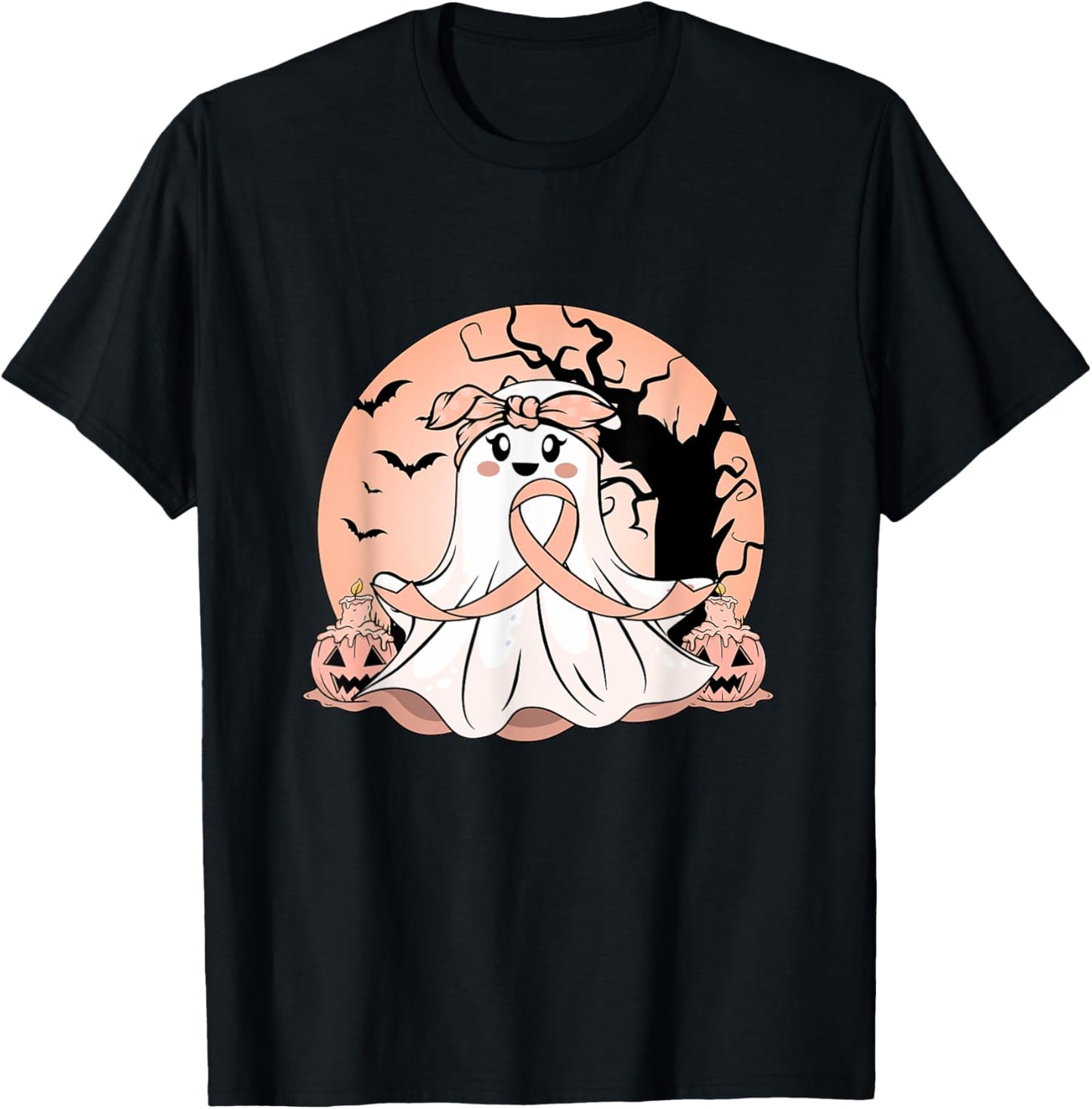 Uterine Cancer Halloween Pumpkin Peach Ribbon Awareness T-Shirt - T-Shirt | Black