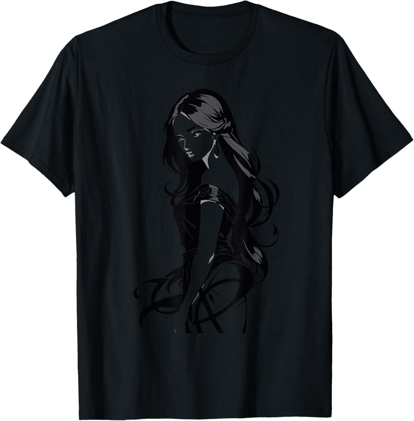 Sexy Waifu Anime Girl Japanese in Black and White Art T-Shirt - T-Shirt | Black