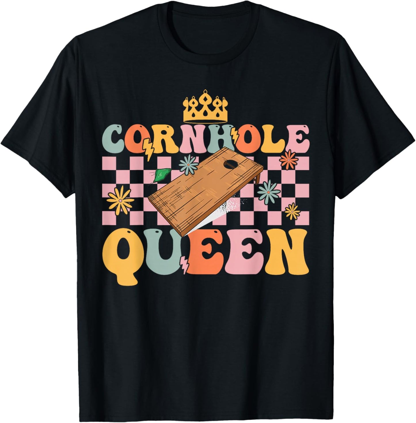 Cornhole Queen Groovy Cornhole Mom Corn Hole T-Shirt - T-Shirt | Black