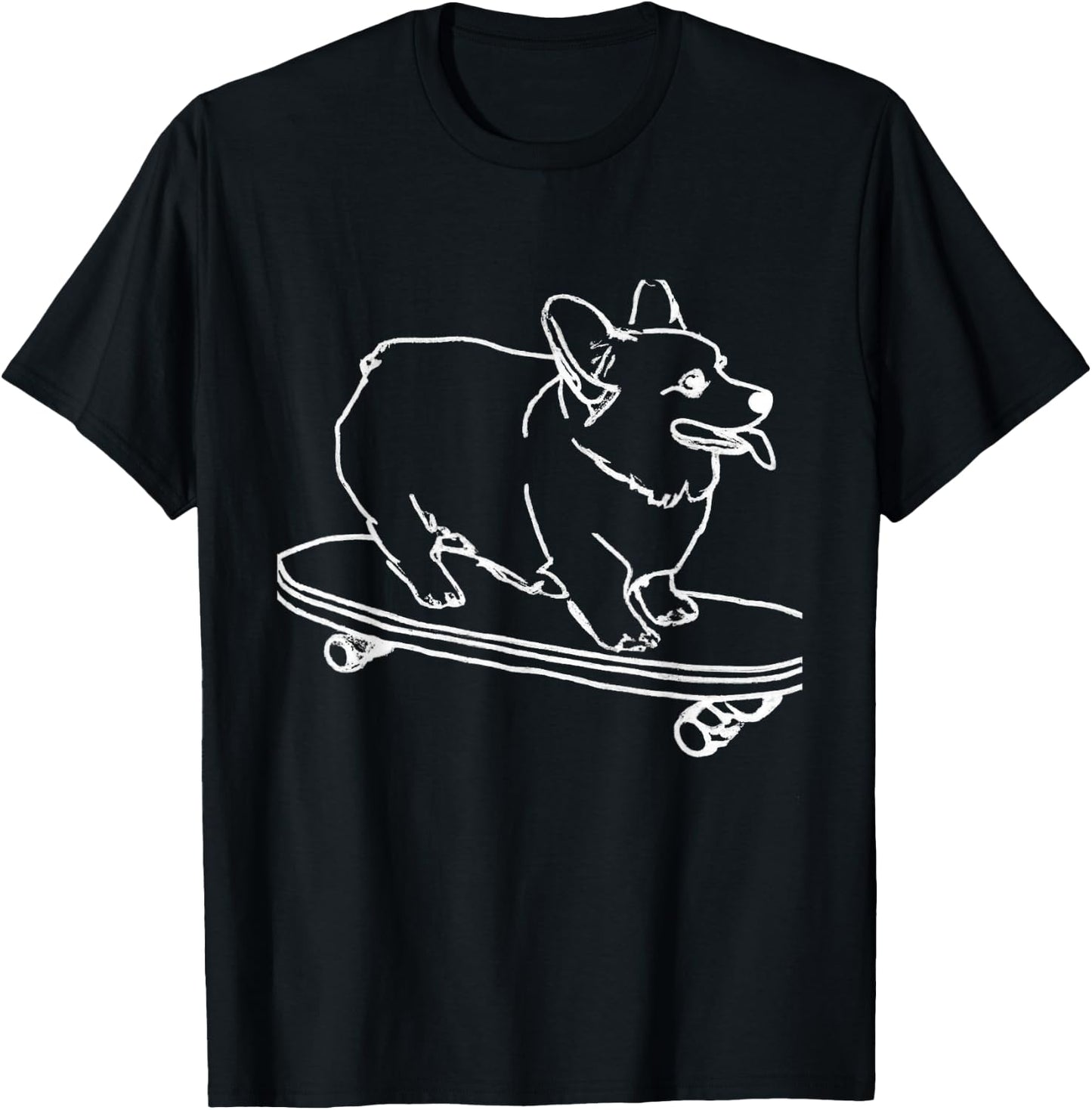 Corgi Skateboarding Outline Line Drawing Skater Corgi Dog T-Shirt - T-Shirt | Black