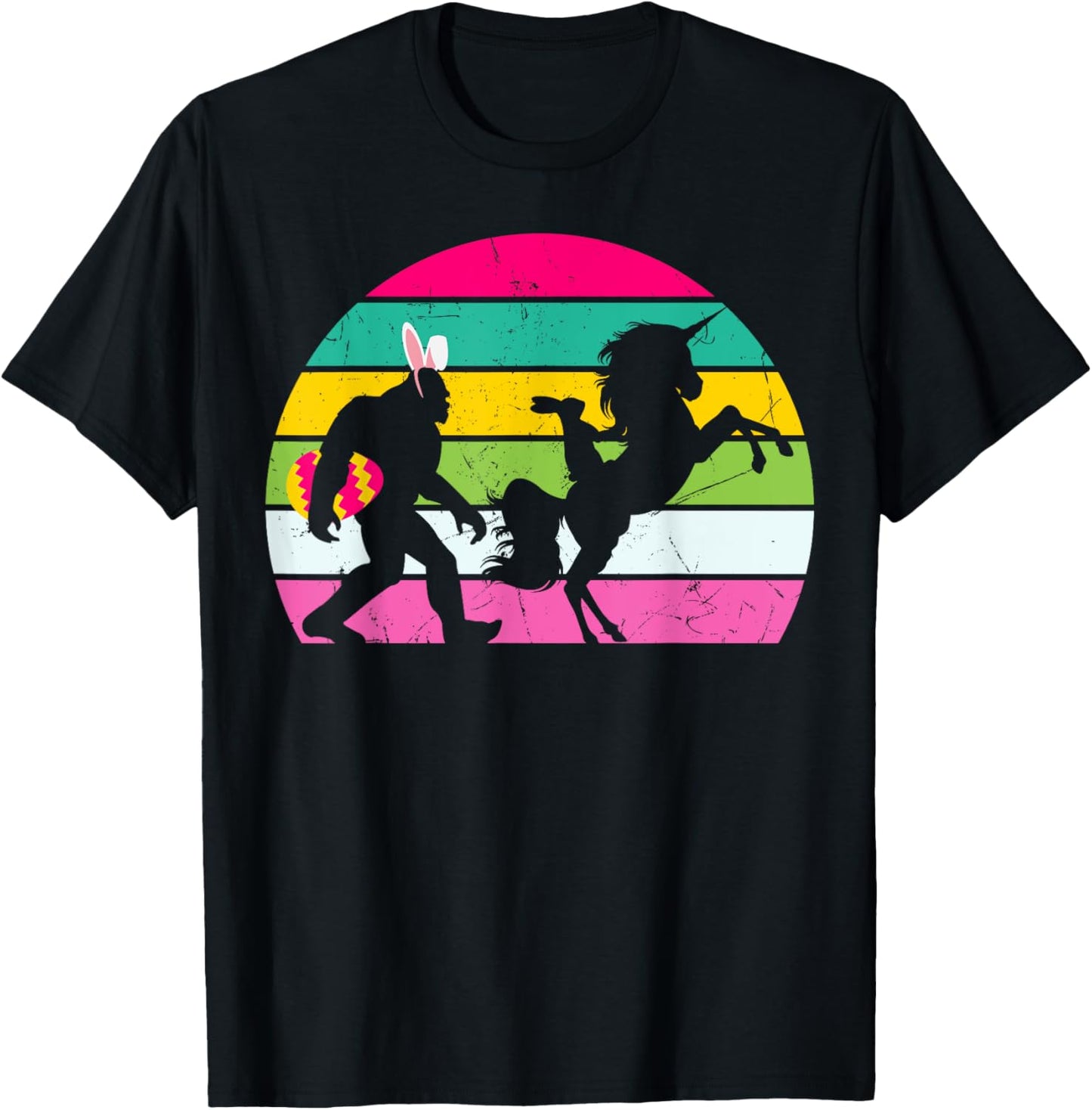 Bigfoot Unicorn Easter Bunny Retro Colorful Sunset Funny T-Shirt - T-Shirt | Black