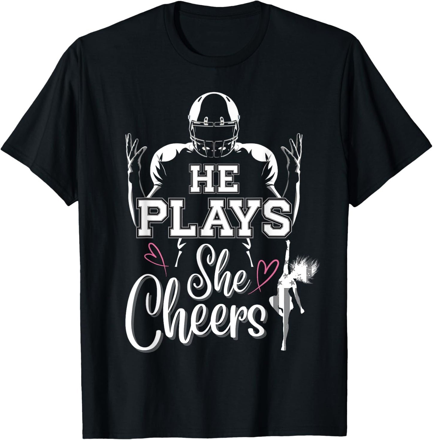 He Plays She Cheers Mom and me Football Season Cheerleader T-Shirt - T-Shirt | Black